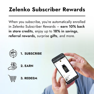 Subscriber rewards details with a hand holding a cellphone looking at a product