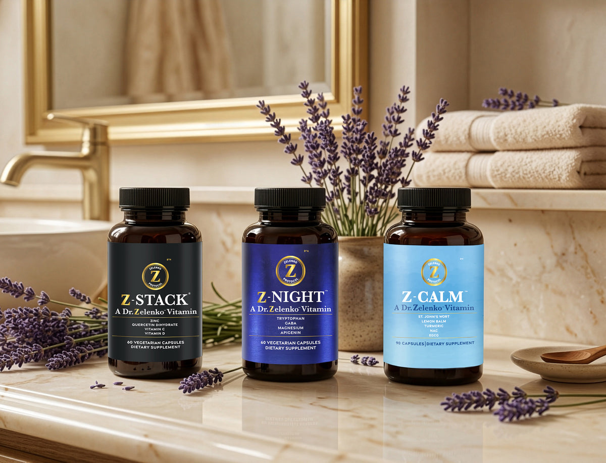 The Calm and Sleep Bundle in a bathroom setting
